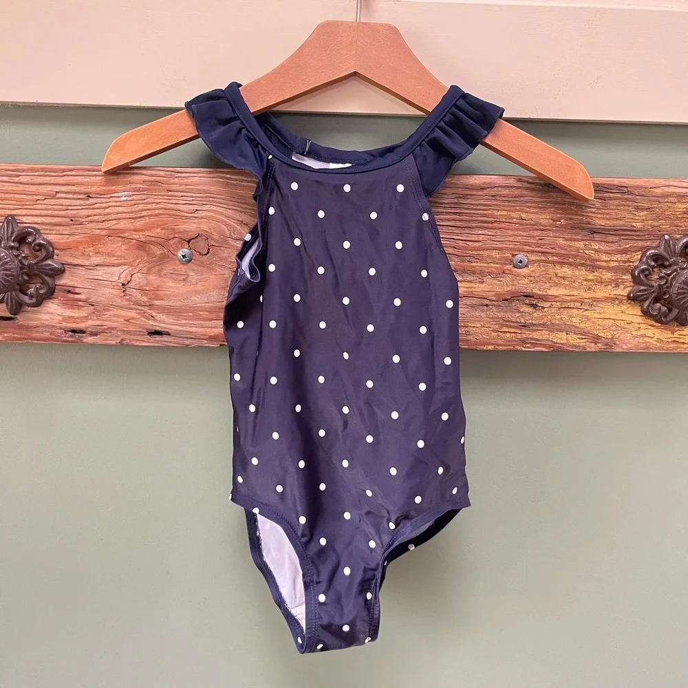 Polarn O. Pyret Navy Polka Dot Ruffle One Piece Swimsuit Girls 1-2Y 86/92